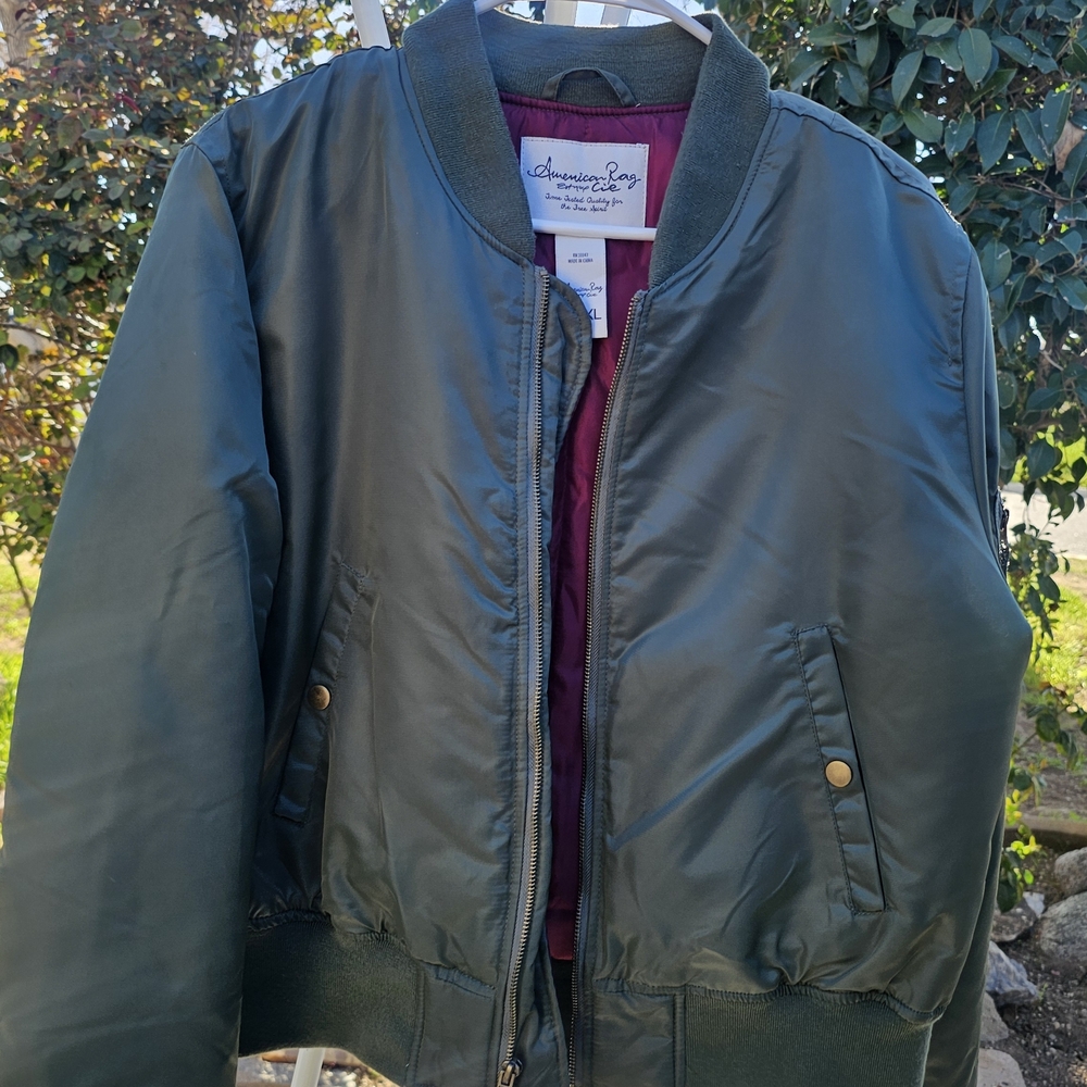 American Rag Olive Green Bomber Jacket with Burgundy Lining